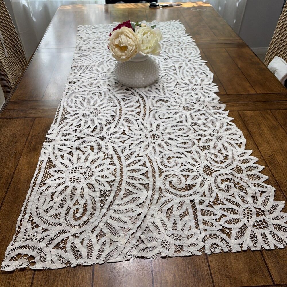 Antique Handmade Battenburg Lace TableCloth Or Lace Remanent 64x26
